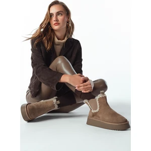 Kadın Vizon Kalın Tabanlı Desenli Süet Deri Teddy Bot 25WFD492610