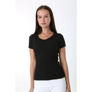 Kadın  Basic V Yaka T-Shirt ,fitilli Kaşkorse Kumaş Bluz
