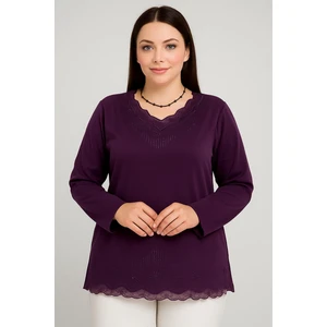 Rahat Kesim V Yaka Etek Ucu Tül Inci Işlemeli Mor Anne Penye Bluz