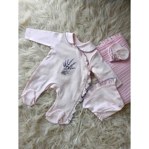 Eda Baby %100 Pamuklu Kız Bebek Pembe Tulum Şapka ve Eldiven Takımı