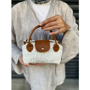 Kadın Peluş Beyaz - Taba Mini El ve Omuz Çantası 13X20CM