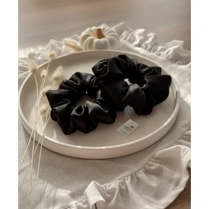 2'li Lüks Kadın Saten Toka – Sonsuz Siyah - Lastik Model Scrunchie - Anne Kız Kombini