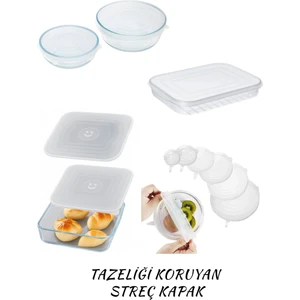 Kitchen Design Lab Silikon Dikdörtgen-Yuvarlak-Kare Cam Saklama Kabı Kapakları ve 6'lı Esnek Silikon Kapak