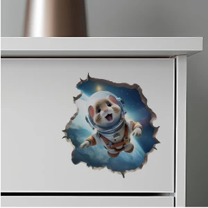 Duvar Deliğinde Astronot Fare Stickerı (3d Görünümlü)