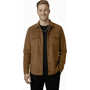 DeepSEA Erkek Kahve Kırışmayan Süet Kumaş ÇıtÇıtlı Cepli Slim Fit Mevsimlik Gömlek 2302329