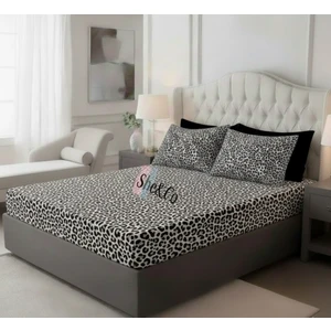 Çift Kişilik Battal Lastikli Çarşaf 2 Adet Yastık Kılıfı Seti- Siyah LEOPAR(180 x 200  cm  30  cm  )