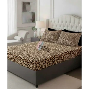 Çift Kişilik Battal Lastikli Çarşaf 2 Adet Yastık Kılıfı Seti- Yeni LEOPAR(180 x 200  cm  30  cm  )