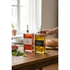 2'li Kare Formlu 750ML. Cam Yağdanlık ve Sirkelik Seti (Özel 4 Etiket Hediyeli)
