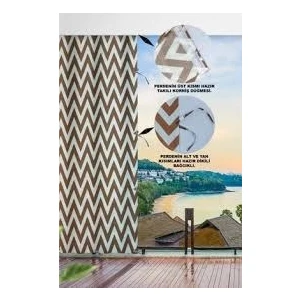 Bağcıklı Halkalı Kornişli Kahve-Krem Zikzak Su Geçirmez  Balkon Perdesi Branda