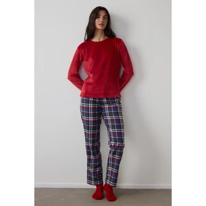 Kırmızı Comfy Time Bisiklet Yaka Ekoseli Pijama Takımı