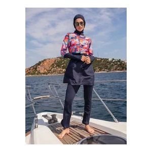 3E Yaşam Geometrik Desen Crop Tesettür Mayo - Lacivert