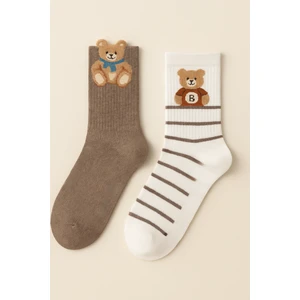 Kadın Teddy Bear Desenli 2'li Soket Çorap Ekru- Kahverengi