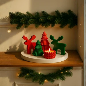 Nevhan Sanat Yılbaşı Dekor Seti – Çam Ağaçları, Geyik Figürü, Örgü Mum ve Büyük Tepsi (5 Parça)