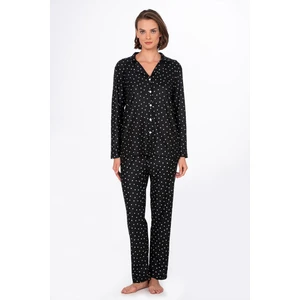 Kadın Süet Önden Düğmeli Pijama Takımı | Kalpli Siyah