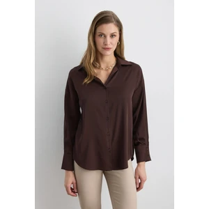 Rahat Kesim Saten Gömlek - Kahverengi