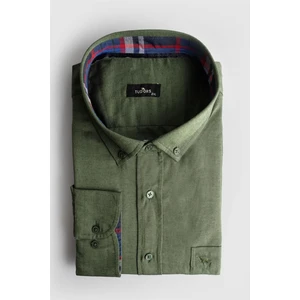 Erkek Büyük Beden Rahat Kesim Pamuklu Kolay Ütülenebilir Düğmeli Yaka Düz Haki Spor Gömlek