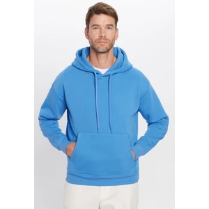 Unisex Oversize Geniş Kesim Pamuklu Yumuşak Dokulu Içi Polarlı Basic Mavi Kapüşonlu Sweatshirt