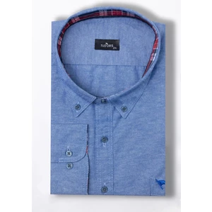 Erkek Büyük Beden Rahat Kesim Pamuklu Kolay Ütülenebilir Düğmeli Yaka Düz Sax Mavi Spor Gömlek