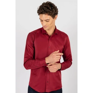 Modern Slim Fit Uzun Kollu Düz Saten Pamuklu Erkek Bordo Gömlek