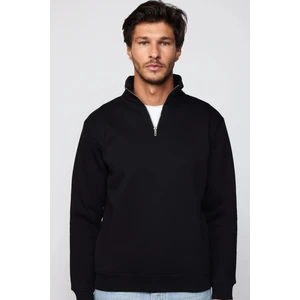Unisex Relax Fit Rahat Kesim Pamuklu İçi Polarlı Yarım Fermuarlı Siyah Dik Yaka Sweatshirt