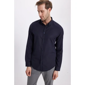 Erkek Slim Fit Dar Kesim Uzun Kollu Pamuklu Oxford Doku Kolay Ütü Lacivert Düğmeli Yaka Gömlek