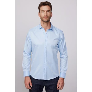 Modern Slim Fit Uzun Kollu Düz Saten Pamuklu Erkek Mavi Gömlek