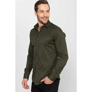 Slim Fit Uzun Kollu Likralı Düz Pamuk Saten Erkek Haki Gömlek