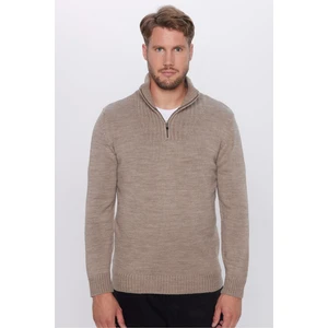 Erkek Slim Fit Dar Kesim Armürlü Fermuarlı Kahve Dik Yaka Triko Kazak