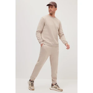 Erkek Relax Fit Pamuklu 3 İplik Yumuşak Dokulu İçi Polarlı Bisiklet Yaka Bej Eşofman Takımı