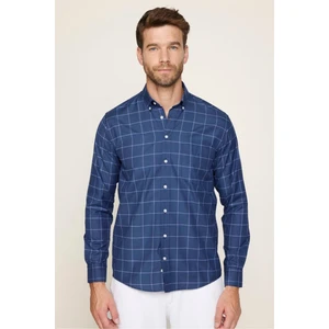 Erkek Regular Fit Klasik Kesim Düğmeli Yaka Küçük Kareli Pamuklu Lacivert Gömlek