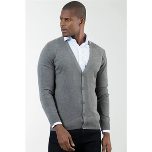 Erkek Slim Fit Düğmeli Düz Pamuk Gri Hırka