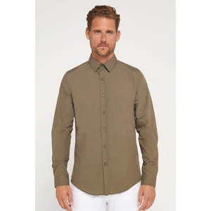 Erkek Slim Fit Dar Kesim Pamuklu Terry Cotton Kumaş Kolay Ütü Haki Gömlek