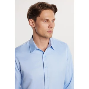 Slim Fit Uzun Kollu Kolay Ütü Teri Emen Nefes Alan Doku Kravatlık Dört Mevsim Mavi Erkek Gömlek