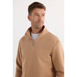 Unisex Relax Fit Rahat Kesim Pamuklu Içi Polarlı Yarım Fermuarlı Vizon Dik Yaka Sweatshirt