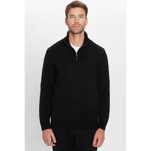 Erkek Slim Fit Dar Kesim Armürlü Fermuarlı Siyah Dik Yaka Kazak