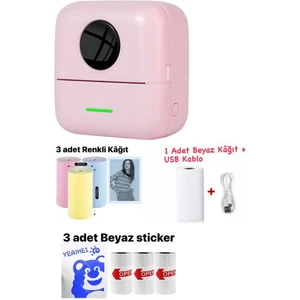 Mini Cep Yazıcı Pembe,3 Adet Beyaz Sticker, 3 Adet Renkli Kağıt, 1 Adet Beyaz Kağıt
