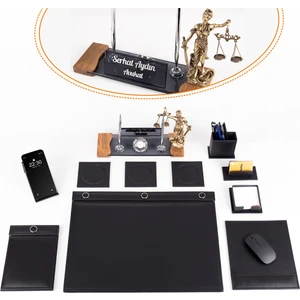 Avukata Lüks Siyah Sümen Takımı Düğmeli ve Themis Heykelli Masa İsimlik