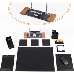 Siyah 9 Parça Düğmeli Sümen Takımı – Kabartma Ahşap Ayaklı Masa İsimlik