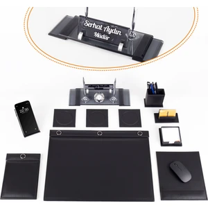 9 Parça Siyah Sümen Takımı – Kristal Ayaklı İsimlik (33x10 cm) ve Lüks Deri Ofis Aksesuar Seti