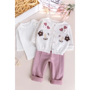 Kız Bebek Çocuk Hırkalı Üç Iplik Şardonlu  Çiçek Işlemeli 100% Pamuk 3 Lü Takım Set