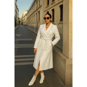 Kadın Trend Basic Uzun Kruvaze Beyaz Kaşe Kaban