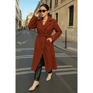 Kadın Trend Basic Uzun Kruvaze Kiremit Kaşe Kaban