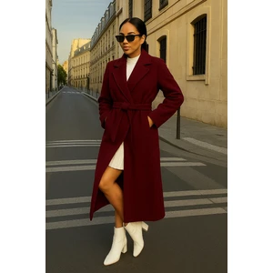 Kadın Trend Basic Uzun Kruvaze Bordo Kaşe Kaban