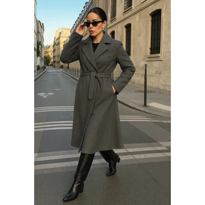 Kadın Trend Basic Uzun Kruvaze Füme Kaşe Kaban