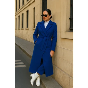 Kadın Trend Basic Uzun Kruvaze Mavi Kaşe Kaban