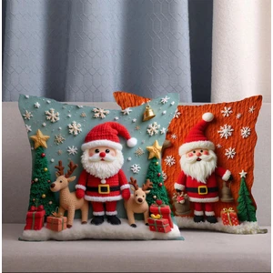 Alkan Homes 2 Li Kombin Punch Desen Görünümlü Noel Baba ve Geyik Desenli Dijital Baskılı Kırlent Kılıfı