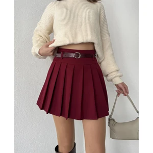 Asfa Moda Bordo Astarlı Şortlu Kemerli Pileli Kışlık Mini Etek