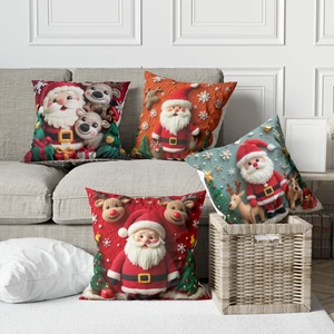 Alkan Homes 4 Lü Kombin Punch Desen Görünümlü Noel Baba ve Geyik Desenli Dijital Baskılı Kırlent Kılıfı
