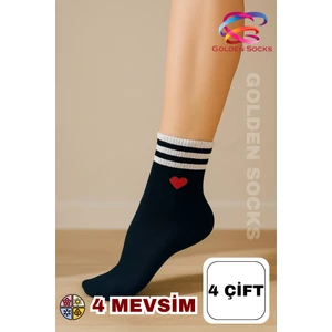 Golden Socks 4 Çift Kadın Kalp Desenli Tenis Çorap, Yarım Konç Kolej Çorap