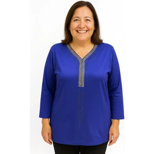 Rahat Kesim V Yaka Mavi Anne Kadın Penye Bluz